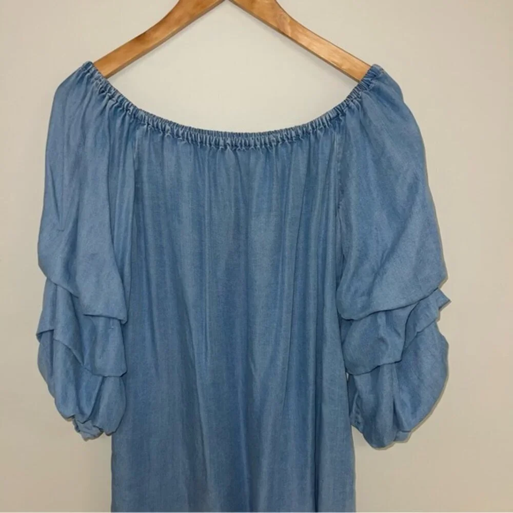 Zara Dress Size Medium Blue Denim Tiered Puff Sleeves Mini Off-The-Shoulder Jean